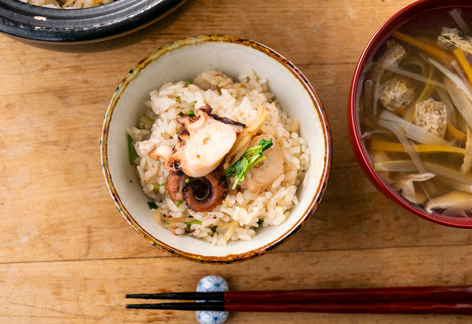 気仙沼産の蛸と生姜めし